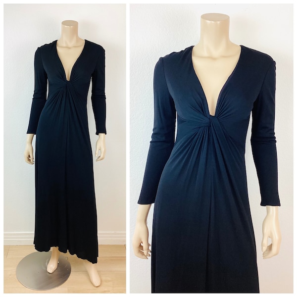 Vintage 1970s MATTE BLACK JERSEY Deep V Neckline Jill Richards Goddess Gown / Dress