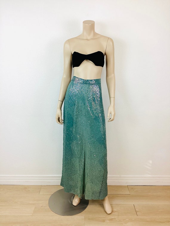 Vintage 1970s HALSTON SEQUIN BEADED Silk Chiffon Green Ombre Maxi