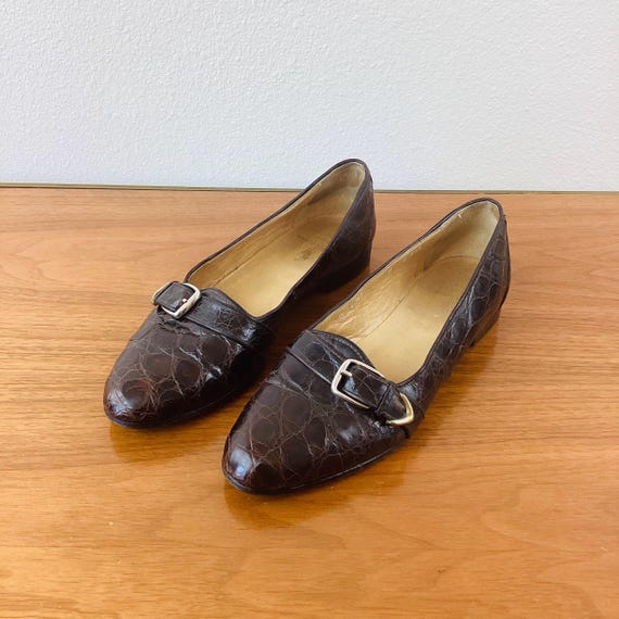 Vintage 1990s RALPH LAUREN Brown Reptile Leather Loafers 