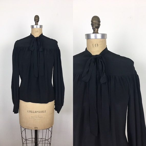70s Vintage PLEATED Black SILK ADOLFO Pussy Bow Bl