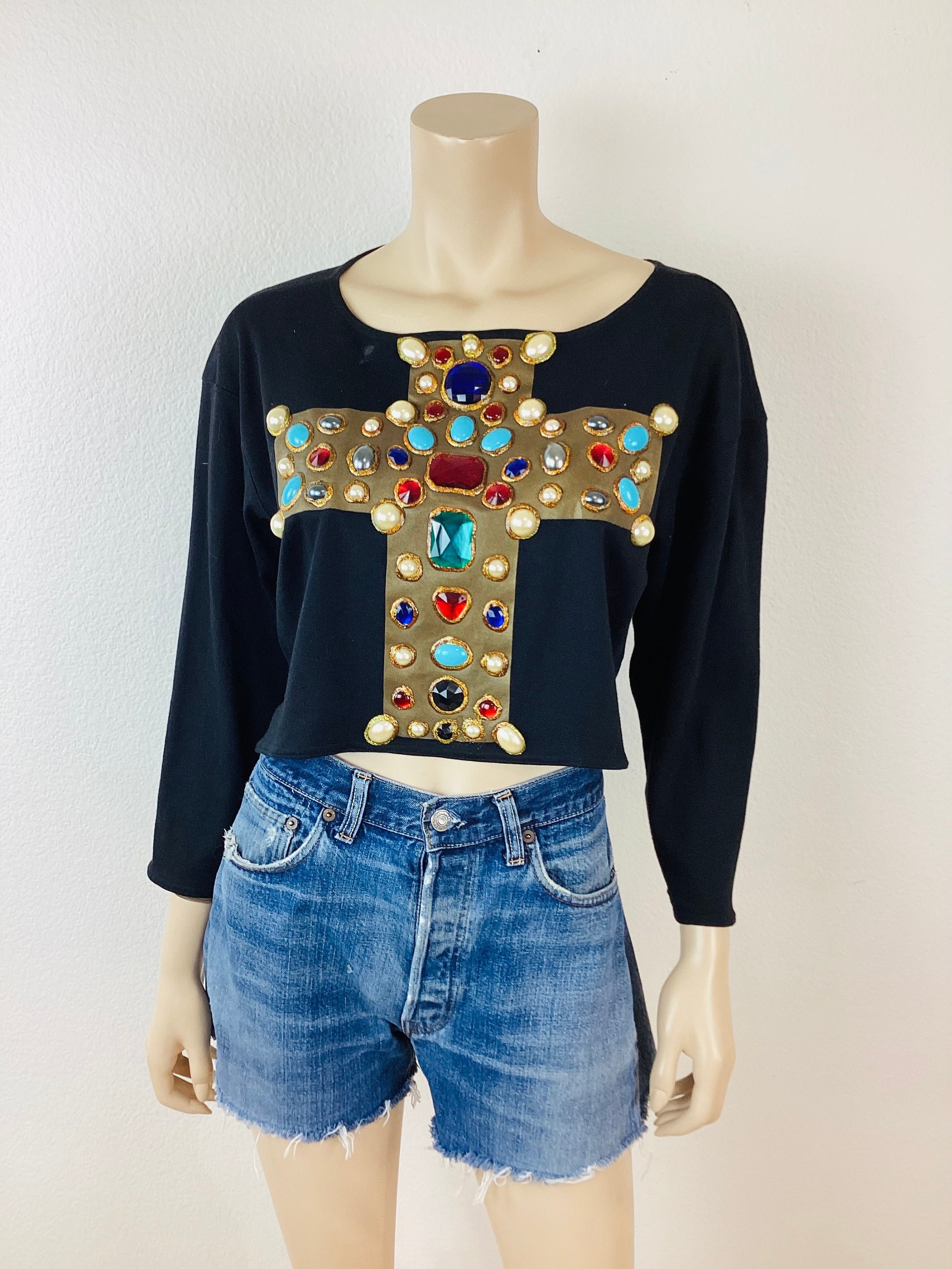 Vintage 1990s Iconic CHRISTIAN LACROIX JEWELED Cross Print Style T