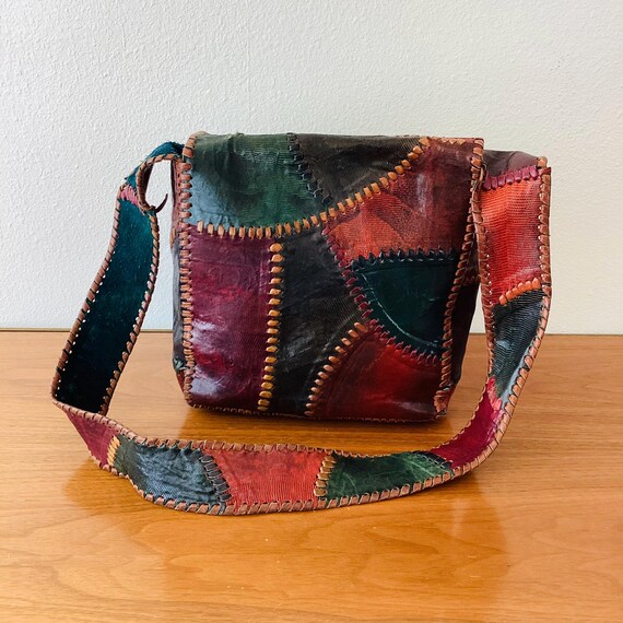 Vintage 1970s CHAR PATCHWORK LEATHER Whipstitch H… - image 5