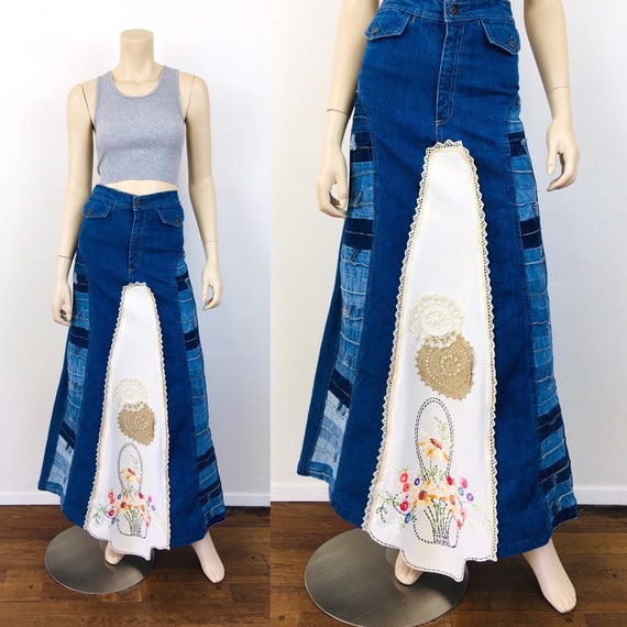 Vintage 1970s PATCHWORK EMBROIDERED Denim Crochet… - image 1