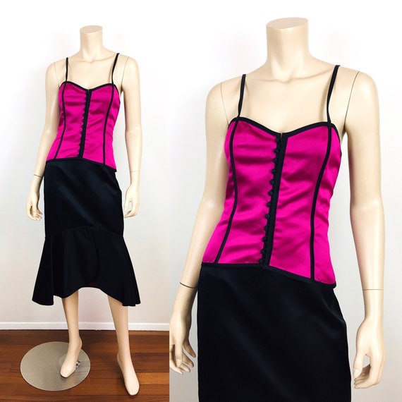 Vintage 1990s FUCHSIA & BLACK 50s Pin Up Style Sa… - image 1