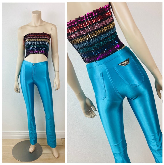 Vintage 1970s ELECTRIC TURQUOISE BLUE Stretchy Spandex Bojeangles Skin Ease Disco  Pants X S / Le Gambi Style 