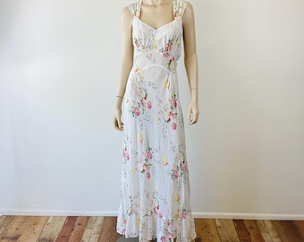 Vintage 1930s White FLORAL PRINT Bias Cut NIGHTGOWN Boho Wedding Dress / 1940s Nightgown