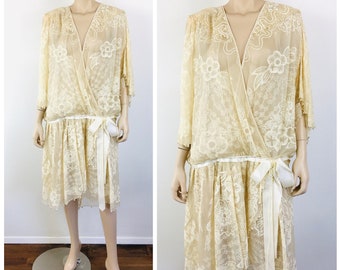 Vintage 1970s ZANDRA RHODES Cream SILK Chiffon Flapper Style Drop Waist Dress / Vintage Wedding