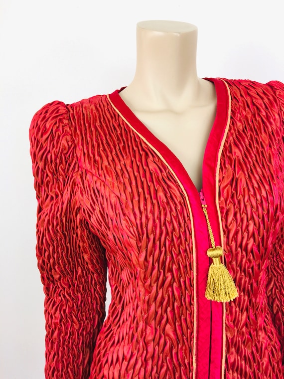 Vintage 1980s SMOCKED RED Zip Front TASSEL Quilte… - image 7