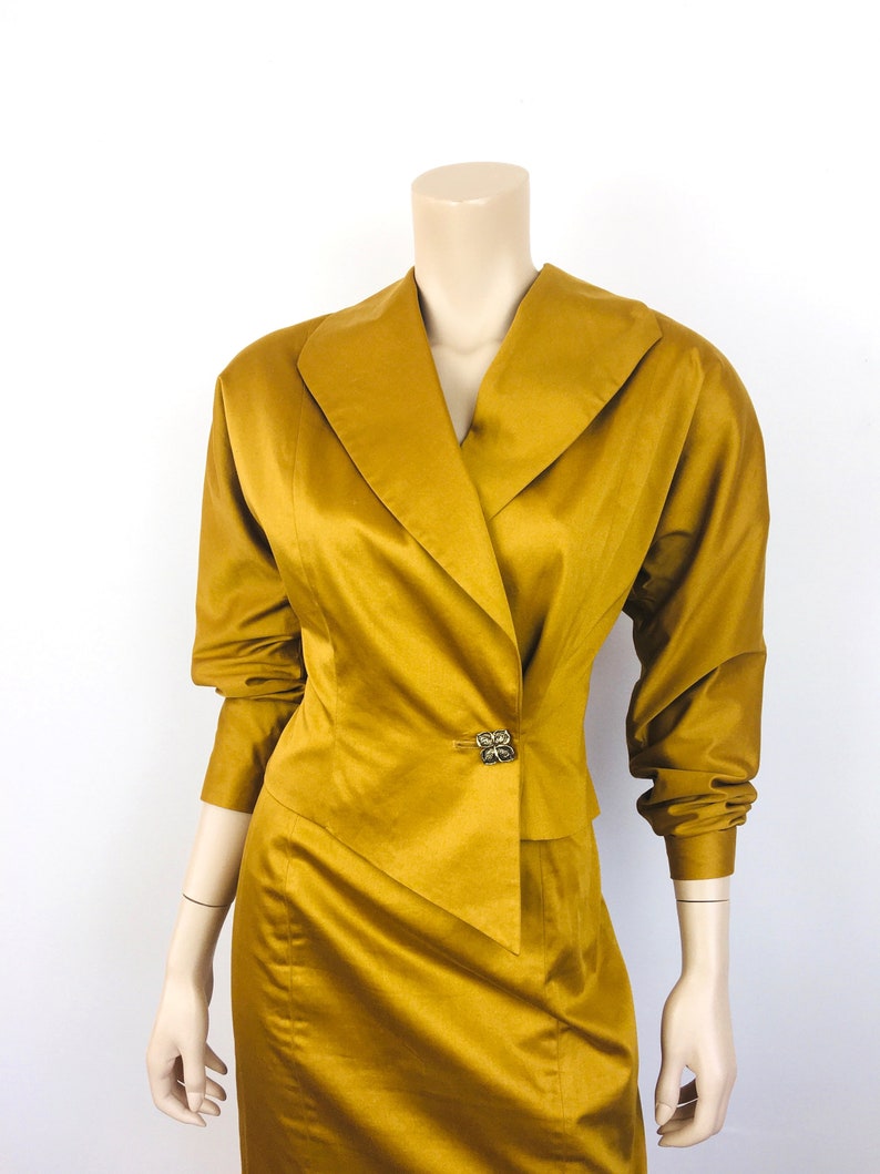 Vintage 1980s ASYMMETRICAL Dark GOLD Batwing Sleeve / High Waisted Skirt Dress Suit image 4