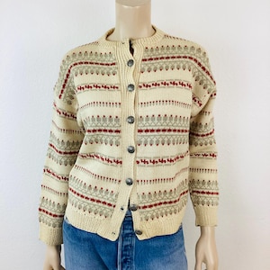 Vintage 1950s NORWEGIAN / NORWAY Handknit Metal Button Front Cardigan Sweater