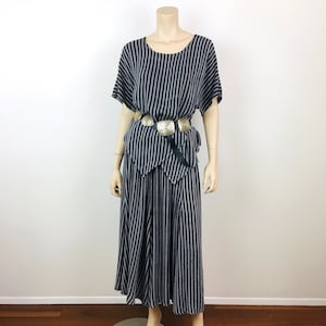 Vintage 1980s STRIPED Black & Grey MOROCCAN RAYON Layered Top and Skirt Set