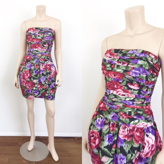 Vintage 1980s FLORAL PLEATED Strapless BUSTIER Min