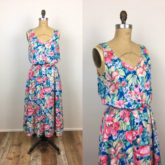 1980s Vintage PINK & BLUE FLORAL Print Cotton Sund