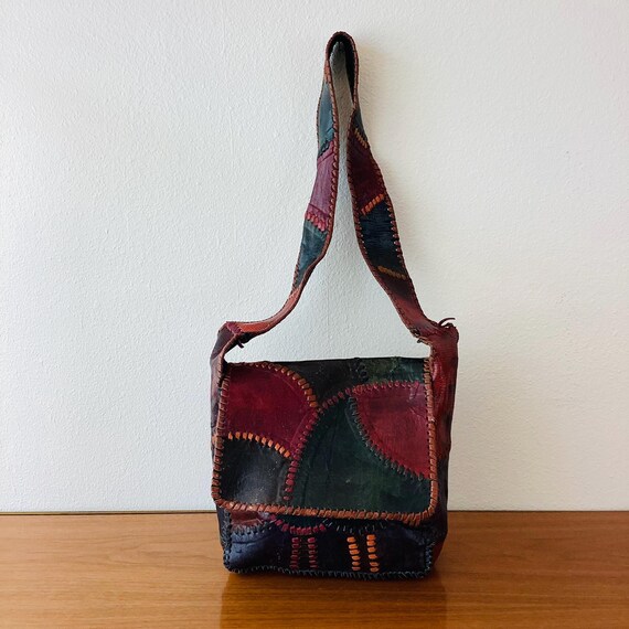 Vintage 1970s CHAR PATCHWORK LEATHER Whipstitch H… - image 2