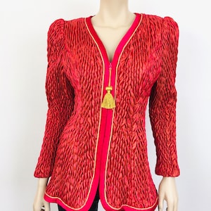 Vintage 1980s SMOCKED RED Zip Front TASSEL Quilted Jeanne Marc Jacket