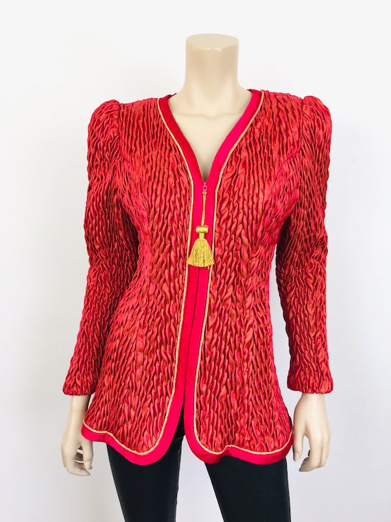 Vintage 1980s SMOCKED RED Zip Front TASSEL Quilte… - image 3