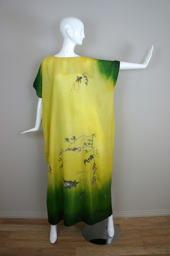 60s 70s Vintage HAND PAINTED Silk CAFTAN Dress / T