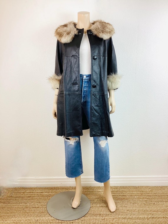 Vintage 1960s LEATHER & FOX FUR Belted Leather Swing Coat Vintage 1960s LEATHER & FOX FUR Belted Leather Swing Coat