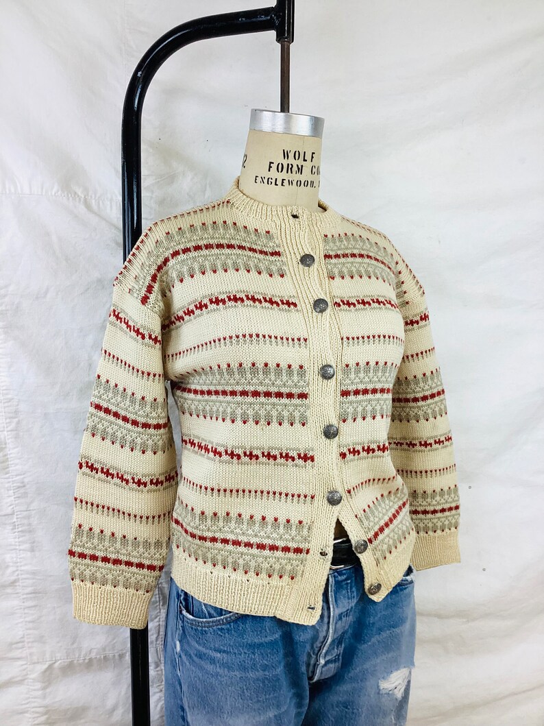 Vintage 1950s NOWEGIAN / NORWAY Knit Metal Button Front Cardigan Sweater image 5