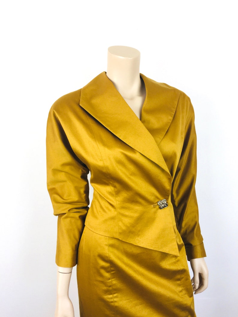 Vintage 1980s ASYMMETRICAL Dark GOLD Batwing Sleeve / High Waisted Skirt Dress Suit image 8