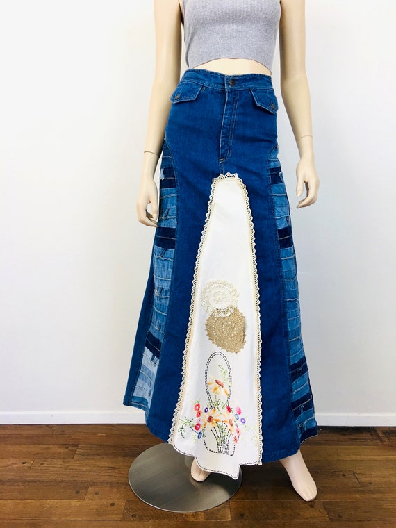 Vintage 1970s PATCHWORK EMBROIDERED Denim Crochet Trim