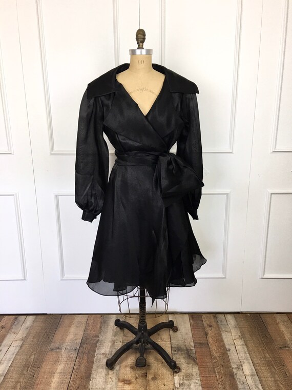 80s Vintage RUFFLED Black COAT DRESS Victor Costa