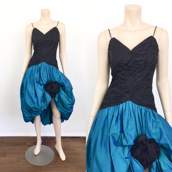 80s Vintage BALLOON POUF SKIRT Black & Turquoise R