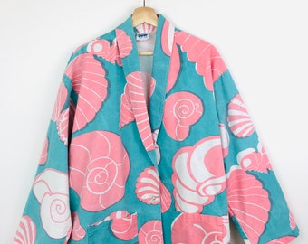 Vintage 1980s SEA SHELL Print TURQUOISE and Hot Pink Cotton Jacket