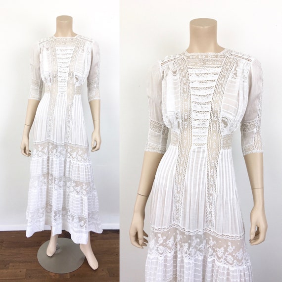 Antique EDWARDIAN White COTTON & LACE Lawn Dress