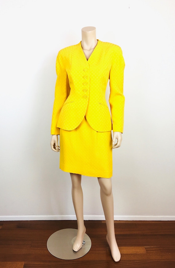 Vintage 1980s CHRISTIAN DIOR Yellow DIAMOND Pattern Jacket & Skirt