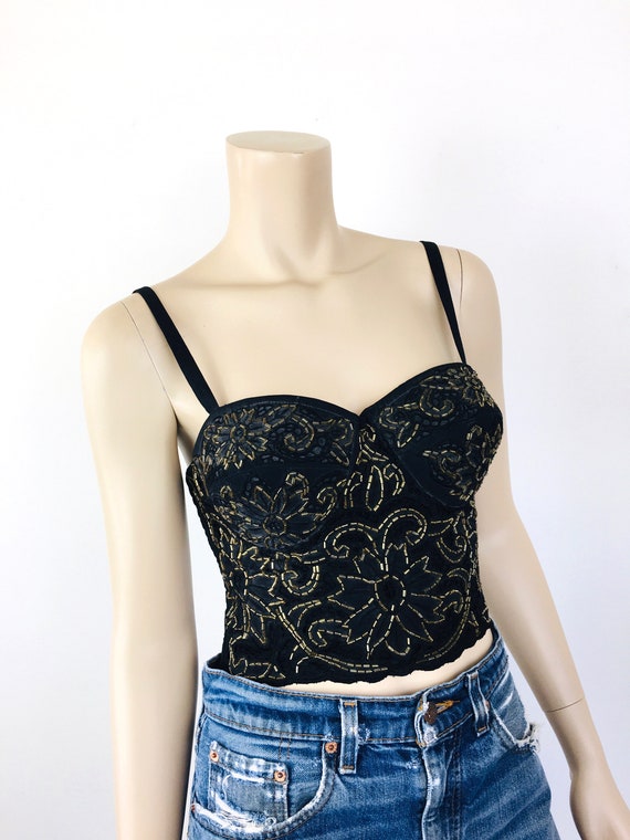 Vintage 1980s Black & GOLD BEADED BUSTIER Crop To… - image 4