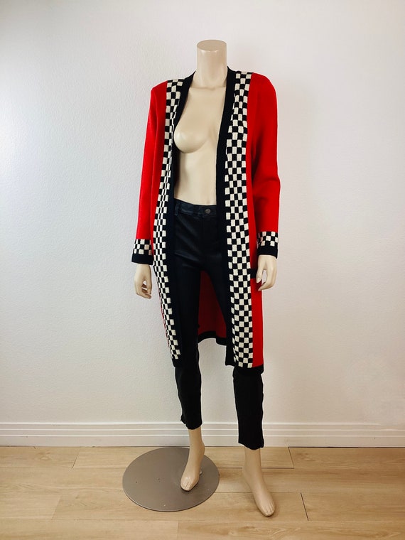 Vintage 1980s BLACK & WHITE CHECK and Red Long Kn… - image 5