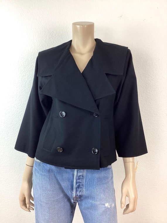 Oscar de la Renta, Vintage 1980s OSCAR DE La RENTA Black Cropped Length Pea Coat Jacket