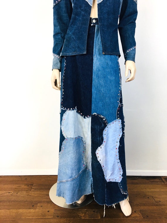 Vintage 1970s LOVE MELODY Patchwork DENIM Rhinest… - image 4