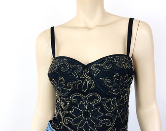 Vintage 1980s Black & GOLD BEADED BUSTIER Crop Top  by Cache