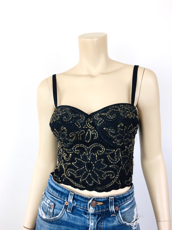 Vintage 1980s Black & GOLD BEADED BUSTIER Crop To… - image 1