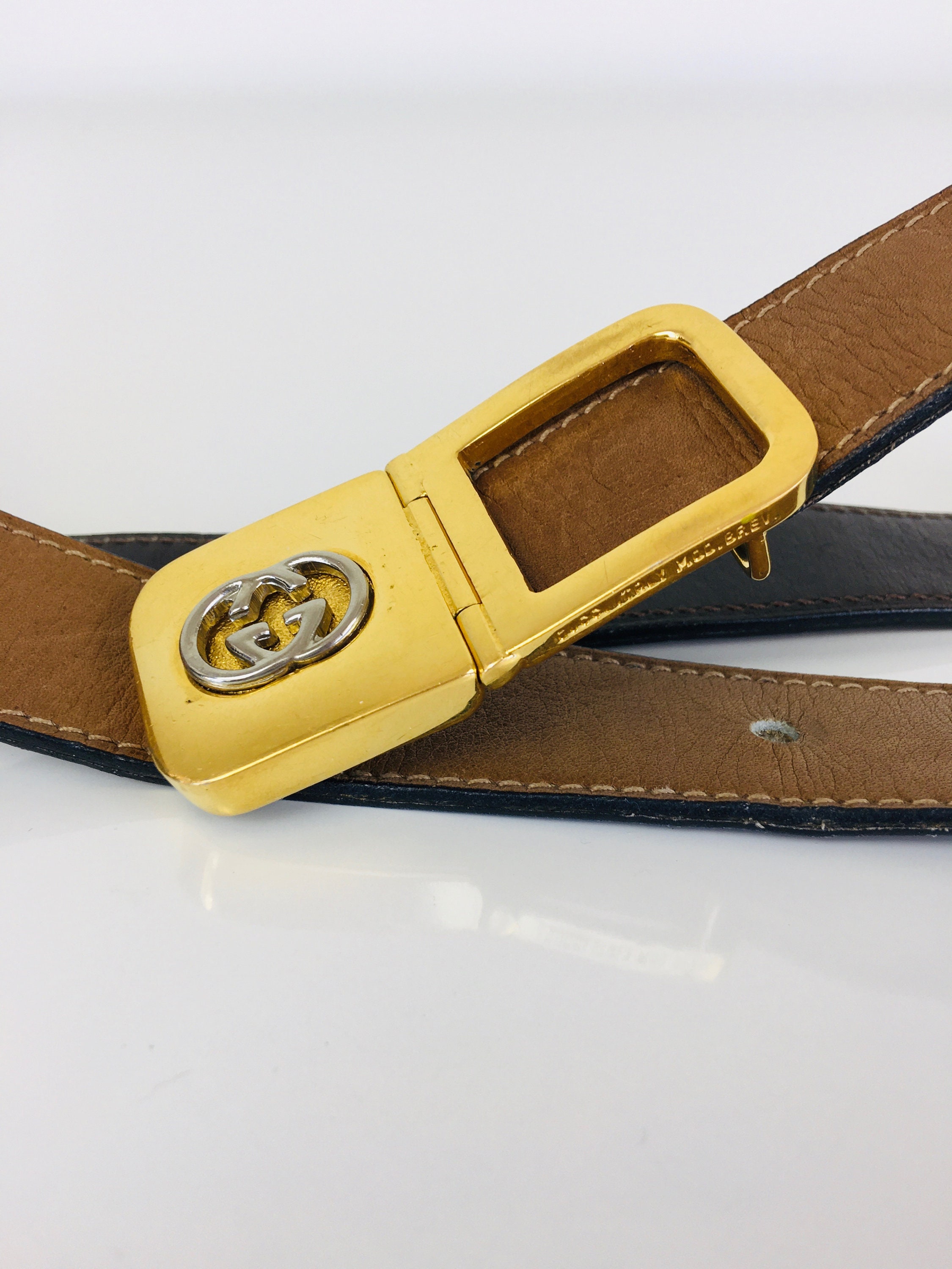 Vintage 1990s GUCCI GG Gold & Silver Buckle Brown Leather Belt Gucci Brown Leather GG Marmont Belt Size 29 main image 4