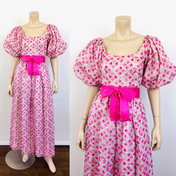Vintage 1970s PINK PUFF SLEEVE Satin Bow Belt Boho