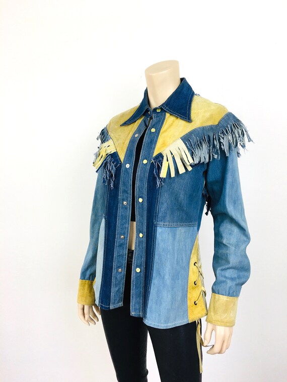 Vintage 1970s PATCHWORK DENIM & LEATHER Fringe Fa… - image 5