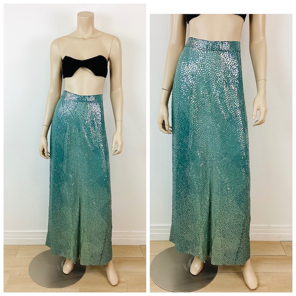 Vintage 1970s HALSTON SEQUIN BEADED Silk Chiffon Green Ombre Maxi Skirt