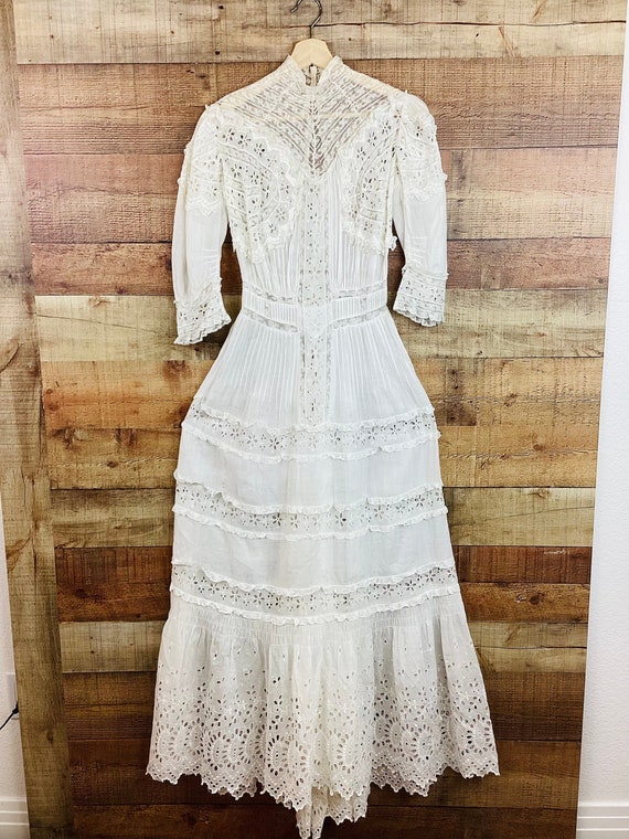 ◎Edwardian White Dress Cotton and Lace Antique 1900s Fancy Edwardian Dress, White Cotton & Lace XS