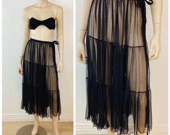 Vintage 1970s SHEER Black SILK CHIFFON Tiered Boho Skirt By Harriet Selwyns Fragments