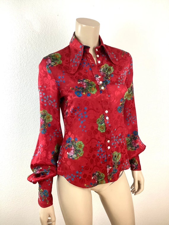 Vintage 1970s JEFF BANKS Red BALLOON Sleeve Flora… - image 2