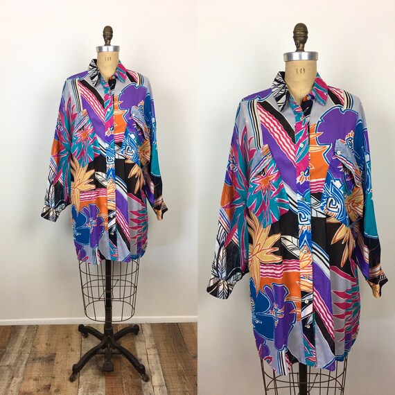 80s Vintage COLORFUL TROPICAL Print OVERSIZED Cott