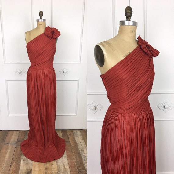 1980s Vintage JEAN VARON PLEATED One Shoulder Maxi