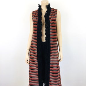 Vintage 1970s Black YARN FRINGE Striped Wool Knit OPen FRont Duster Jacket / Coat