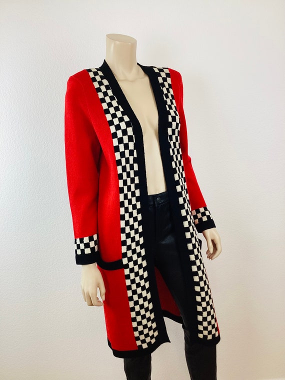 Vintage 1980s BLACK & WHITE CHECK and Red Long Kn… - image 8