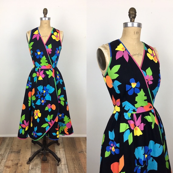80s Vintage TROPICAL FLORAL Print NEON Cotton Sund