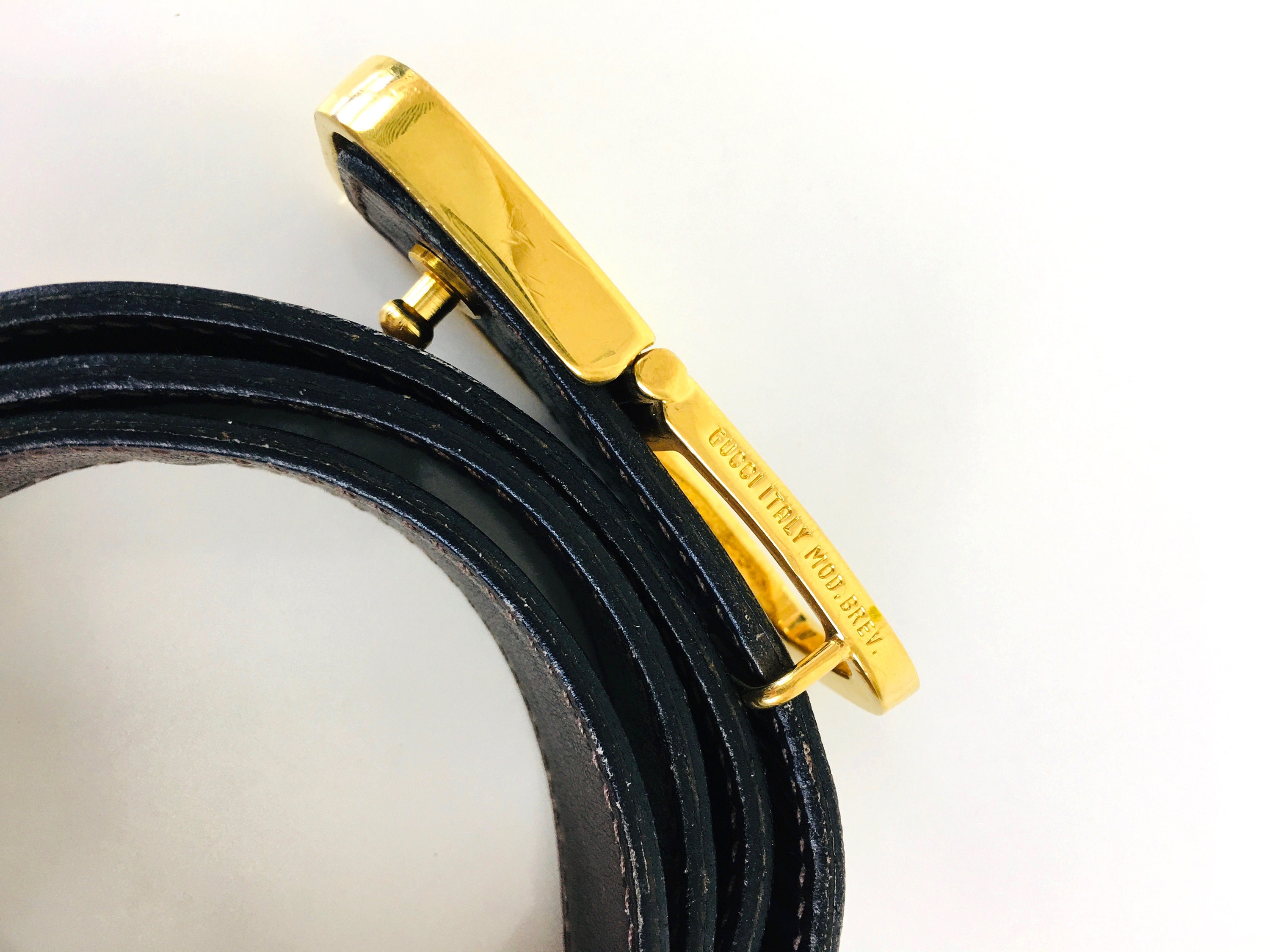 Vintage 1980s GUCCI GG Gold & Silver Buckle Brown Leather 