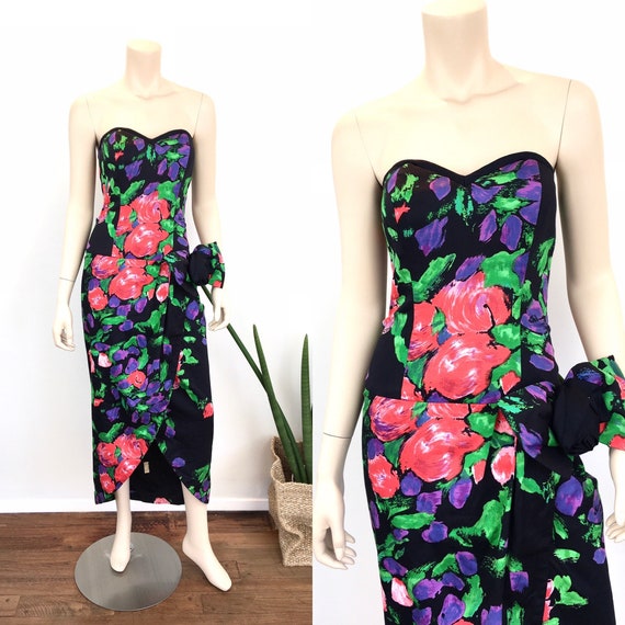 1980s Vintage STRAPLESS BUSTIER Top Black FLORAL S